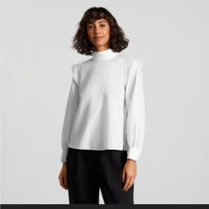 Everlane | White Cotton Wing Shoulder Mockneck Button Back Shirt